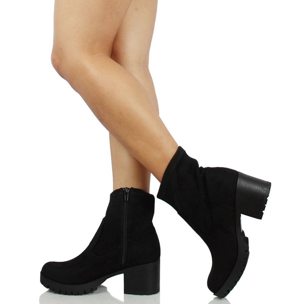 Black Faux Suede High Top Stack Block Heel Ankle Boot - Picture 2 of 6